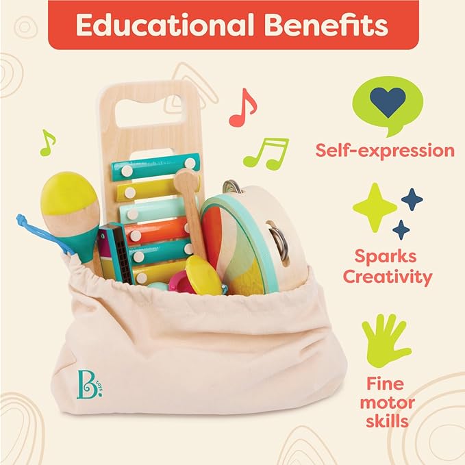 B. toys – Make a Melody – 9 Pieces Wooden Musical Instruments – Xylophone, Tambourine, Harmonica – Drawstring Storage Bag – 2+ Years