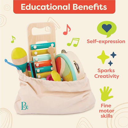 B. toys – Make a Melody – 9 Pieces Wooden Musical Instruments – Xylophone, Tambourine, Harmonica – Drawstring Storage Bag – 2+ Years