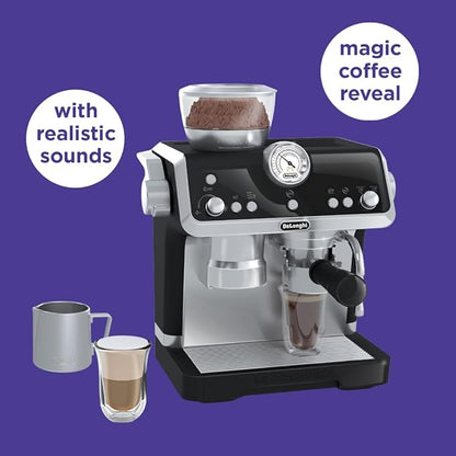 Casdon De'Longhi Toys Barista Coffee Machine. Toy Kitchen Playset for Kids with Moving Parts, Realistic Sounds and Magic Coffee Reveal. For Children Aged 3+, Silver, Black