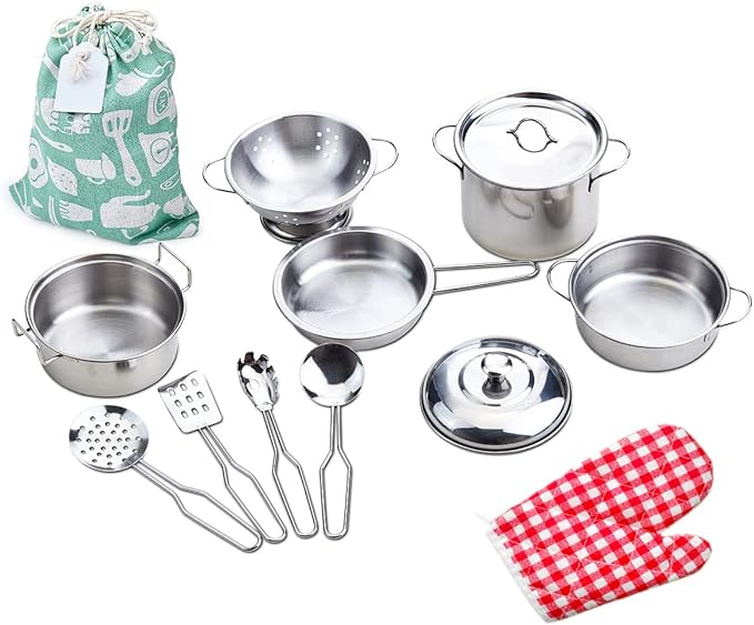 Play Pots and Pans Toys for Kids, Kitchen Playset Pretend Play Toys - Pretend Cookware Mini Stainless Steel Cooking Utensils Development Toys for Toddlers, Girls, Boys Ages 3 Years and up