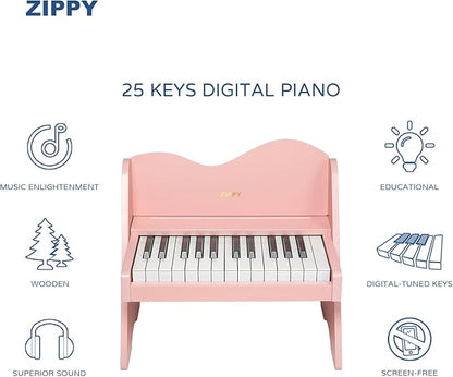 ZIPPY Kids Piano Keyboard, 25 Keys Digital Piano for Kids, Volume Adjustable, Mini Music Educational Instrument Toy, Wood Toy for Toddlers Girls Boys (Pink)