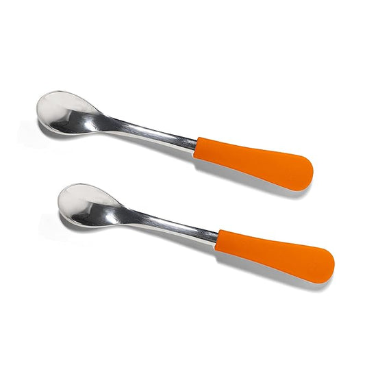 Avanchy Infant Baby Spoons Stainless Steel and Silicone Set, Self Feeding Food Utensils, 4 Months Baby Led Weaning, 2 Pack, Orange