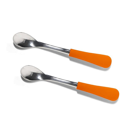 Avanchy Infant Baby Spoons Stainless Steel and Silicone Set, Self Feeding Food Utensils, 4 Months Baby Led Weaning, 2 Pack, Orange