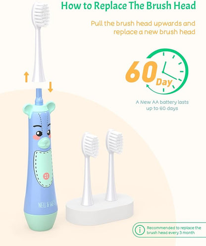 NELL&WELL Kids Electric Toothbrush, 2-Min Timer, 3 Modes with Memory, IPX 7 Waterproof, Battery Powered Kids Toothbrush with 3 Soft Bristles Heads for Children Boys and Girls Ages 3+