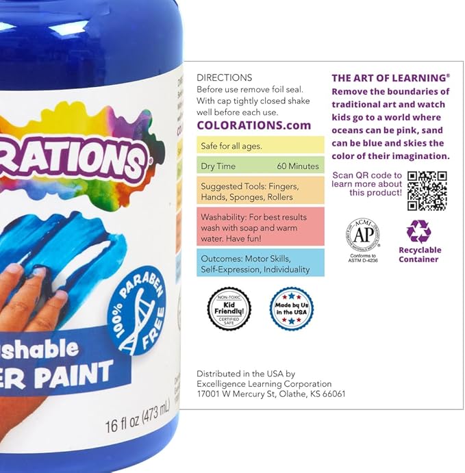 Colorations Washable Finger Paints, 16 fl oz, Blue, Non-Toxic, Creamy, Vibrant, Kids Paint, Craft, Hobby, Fun, Art Supplies, Young kids, finger painting, hand painting (CWFBL)