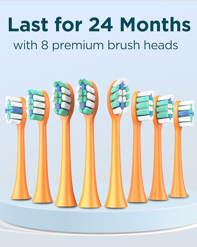 Rtauys M5 Sonic Electric Toothbrush for Adults and Kids - Rechargeable Electric Toothbrush Kids Ages 12+ and Adults with 8 Brush Heads & Travel Case, 120 Days Battery Life - Orange