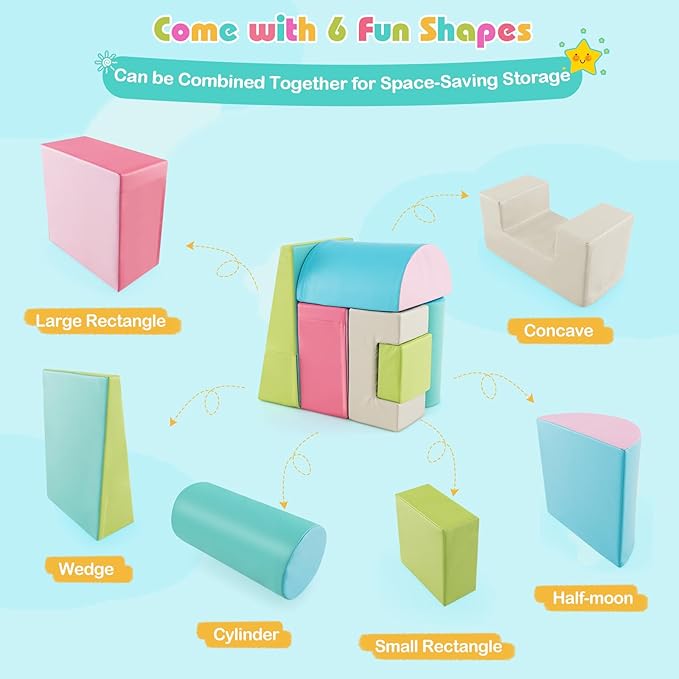 HONEY JOY 6-Piece Climb and Crawl Playset, Soft Climbing Foam Block Activity Play Structure Gym Equipment for Infant Baby, Color Coordination, Waterproof Indoor Climbing Toys for Toddlers (Green)