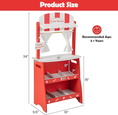 INFANS Grocery Store Marketplace Toy for Kids, Wooden Market Stand Pretend Play Set with 36 Cutting Vegetables Fruits Pieces, Role Food Shop Playset Gift for Boys Girls Ages 3+