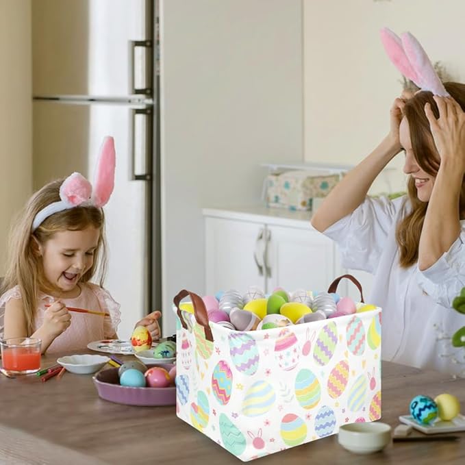FXOLCSHE Rectangular Easter basket,Dirty laundry basket with handles,Toy storage bin,Laundry basket for girls,Girls Room Decor,Gift Basket(Flower egg)