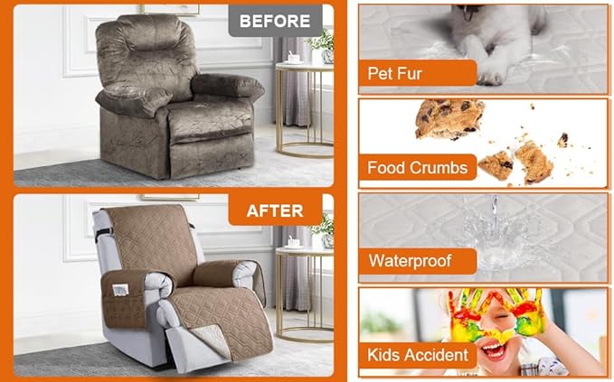 VANSOFY 100% Waterproof Recliner Chair Covers, Recliner Cover Non-Slip Dog Chair Cover Furniture Protector Washable Slipcover with Pocket, Elastic Straps for Pets, Dogs(Light Brown, 28")