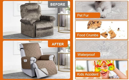 VANSOFY 100% Waterproof Recliner Chair Covers, Recliner Cover Non-Slip Dog Chair Cover Furniture Protector Washable Slipcover with Pocket, Elastic Straps for Pets, Dogs(Light Brown, 28")