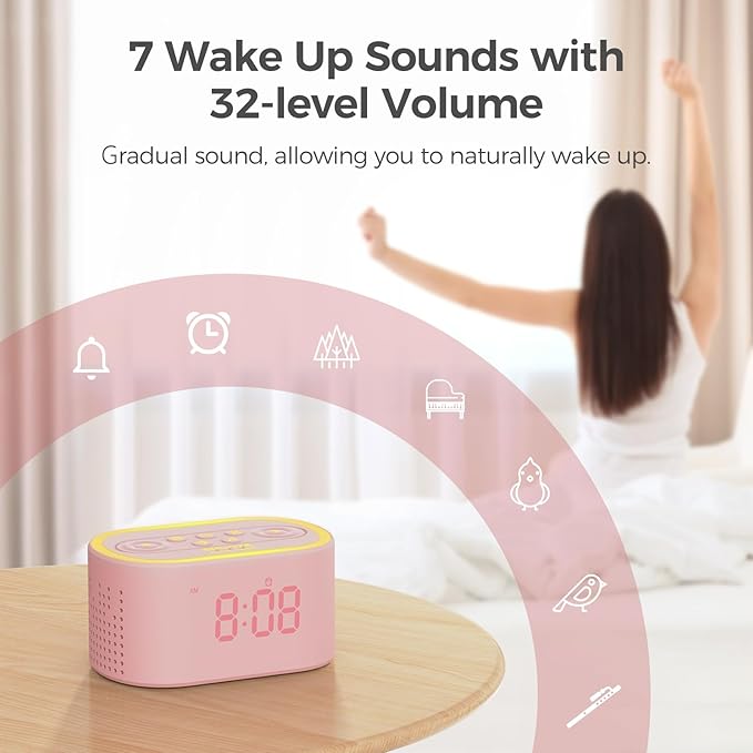 Reacher Pink Alarm Clock & Sound Machine for Girls Room, 21 Soothing Sounds, 7 Wake Up Sounds, 8 Night Lights, 32-Level Volume, Auto-Off Timer, Memory Function, Aesthetic Clock for Bedroom, Home
