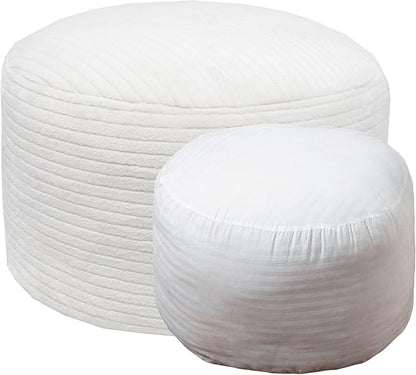 Pouf Ottoman Stuffed 20x20x12 Inches Floor Pouf Plush Fiber Ottoman Foot Rest Under Desk Foot Stool for Living Room Bedroom (White Stripe Pouf with Filler)