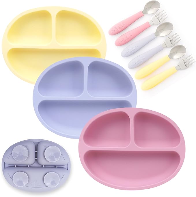 Elk and Friends Silicone Suction Plate for Babies/Toddlers + Stainless Steel Silverware Feeding Set | Divided Plate | Suction Design | Forks + Spoons Included | 3 Pack