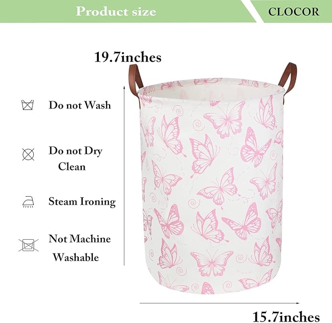 CLOCOR Pink Laundry Basket,Waterproof Nursery Hamper for Baby Girl ,Collapsible Storage Baskets for Girls Bedroom,Kids Toys Storage Bin,Room Decor,Gift Basket（Pink Butterfly