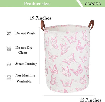 CLOCOR Pink Laundry Basket,Waterproof Nursery Hamper for Baby Girl ,Collapsible Storage Baskets for Girls Bedroom,Kids Toys Storage Bin,Room Decor,Gift Basket（Pink Butterfly