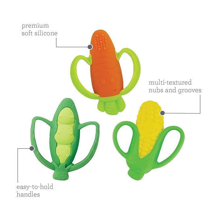 Infantino Farmers Market Teether Gift Set - Set of 3 BPA-Free Veggie Textured Silicone Teethers for Soothing Sore Gums, Multicolor