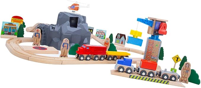 ORBRIUM Lift and Load Wooden Train Set with Magnetic Crane, Magnetic Helicopter, Large Diesel Engine, Semi-Truck, Shipping Container Flat Car Compatible with Thomas, Brio, Chuggington, Melissa & Doug