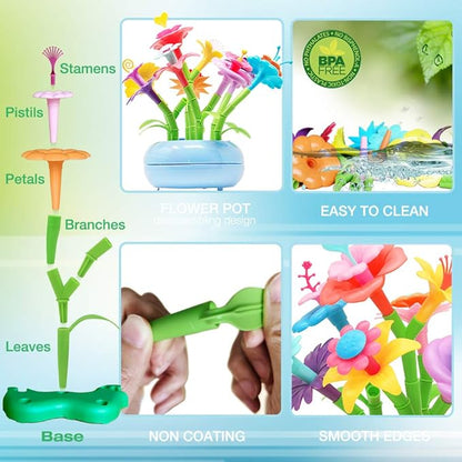 BIRANCO. Flower Garden Building Set - Grow up! Fun Stacking Toys for Toddlers and Kids Age 3-6 Year Olds, Educational Activity for Preschool, Cool STEM Gardening Gifts for Girls (138 PCS)