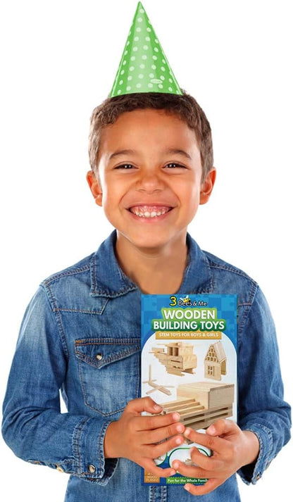 3 Bees & Me Wooden Building Toys - STEM Toys for Boys and Girls - 100 Wood Plank Pieces