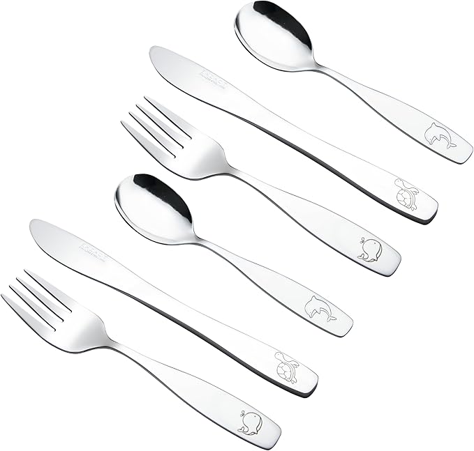 Exzact Children Flatware 6pcs, Stainless Steel Kids Silverware Toddler, Dishwasher Safe, BPA Free, 24M+, Engraved Ocean Creatures Dolphin, Turtle, Whale