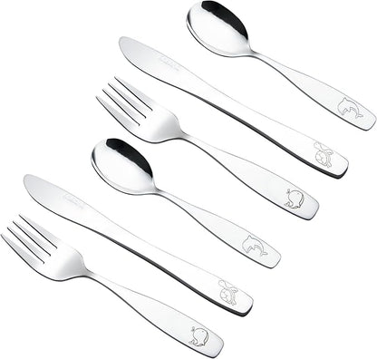 Exzact Children Flatware 6pcs, Stainless Steel Kids Silverware Toddler, Dishwasher Safe, BPA Free, 24M+, Engraved Ocean Creatures Dolphin, Turtle, Whale