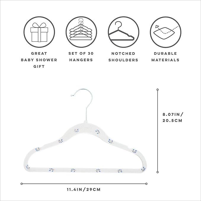 3 Sprouts Velvet Baby Hangers - Non-Slip Hanger for Infant, Toddler, Baby Clothes - Closet Kids Hangers with Slim Design, Nordic Colors, Pack of 30 - Blueberry & Cream