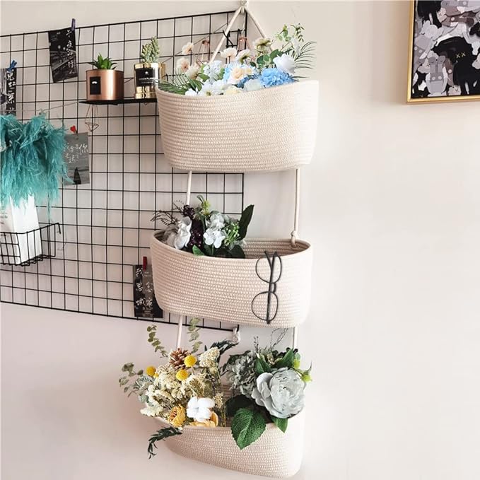 TeoKJ Over the Door Hanging Basket, 3-Tier Woven Cotton Wall-Mounted Storage Organizer Bag Decorative Hanging Nursery Baskets, White