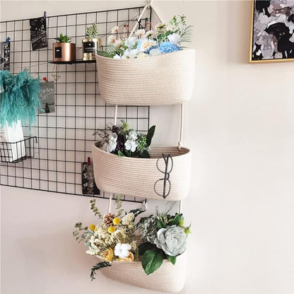 TeoKJ Over the Door Hanging Basket, 3-Tier Woven Cotton Wall-Mounted Storage Organizer Bag Decorative Hanging Nursery Baskets, White