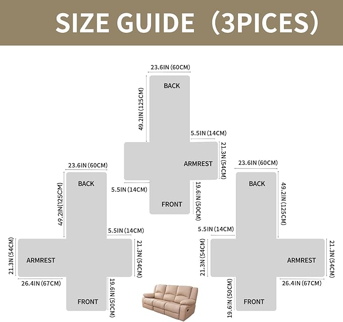 Easehomey Waterproof Recliner Sofa Cover,Non-Slip Reclining Sofa Covers for 3 Seat,Washable Reclining Sofa Cover Furniture Protector with Elastic Straps Pocket for Kids, Pets(Khaki,3Seat)