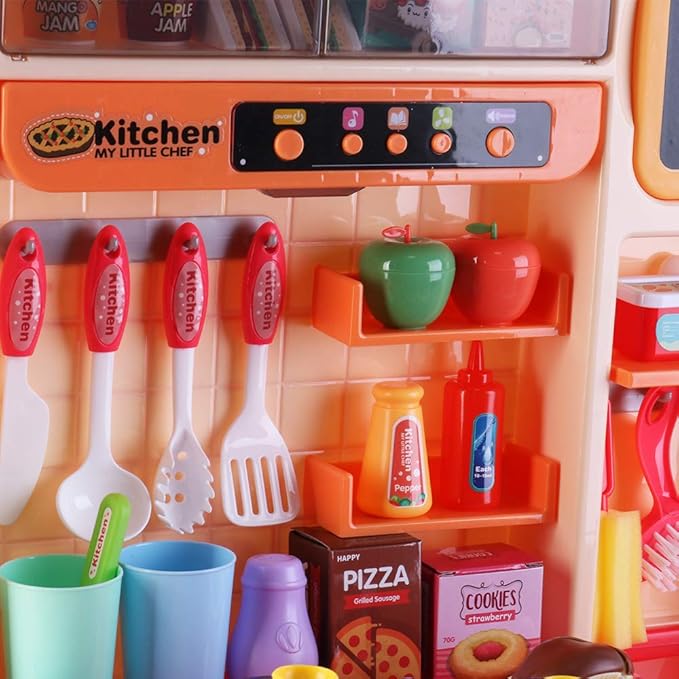 deAO My Happy Little Chef Kitchen 80 Pieces Pretend Play Set with Multi-Functional Button Panel, Light, Sound, Real Steam Functions and Colour Changing Accessories Included(Pink)