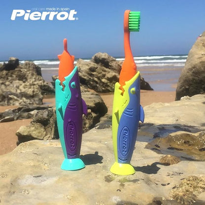 Pierrot Sharky Kids Toothbrush – Soft Bristles for Toddlers and Kids, Shark Handle with Suction Base and Cap, Easy-Grip Child-Friendly Toothbrush for Ages 2-8, Gentle Brushing, Pack of 2