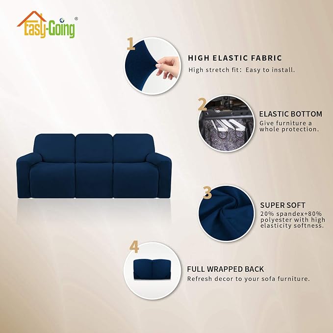 Easy-Going 8 Pieces Microfiber Stretch Sectional Recliner Sofa Slipcover Soft Fitted Fleece 3 Seats Couch Cover Washable Furniture Protector with Elasticity for Kids Pet(Recliner Sofa, Navy)