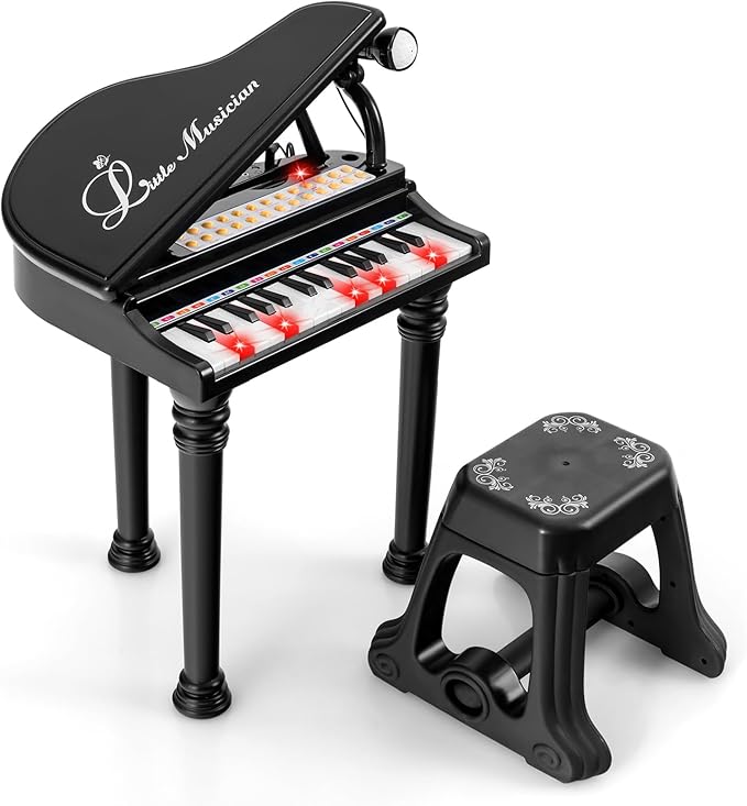 HONEY JOY Classical Kids Piano, 31-Key Toy Mini Grand Piano with Music Stand & Stool, Portable Electronic Educational Musical Instrument Toy w/ Microphone, Lights, Gift for Kids (Black, 31 Keys)