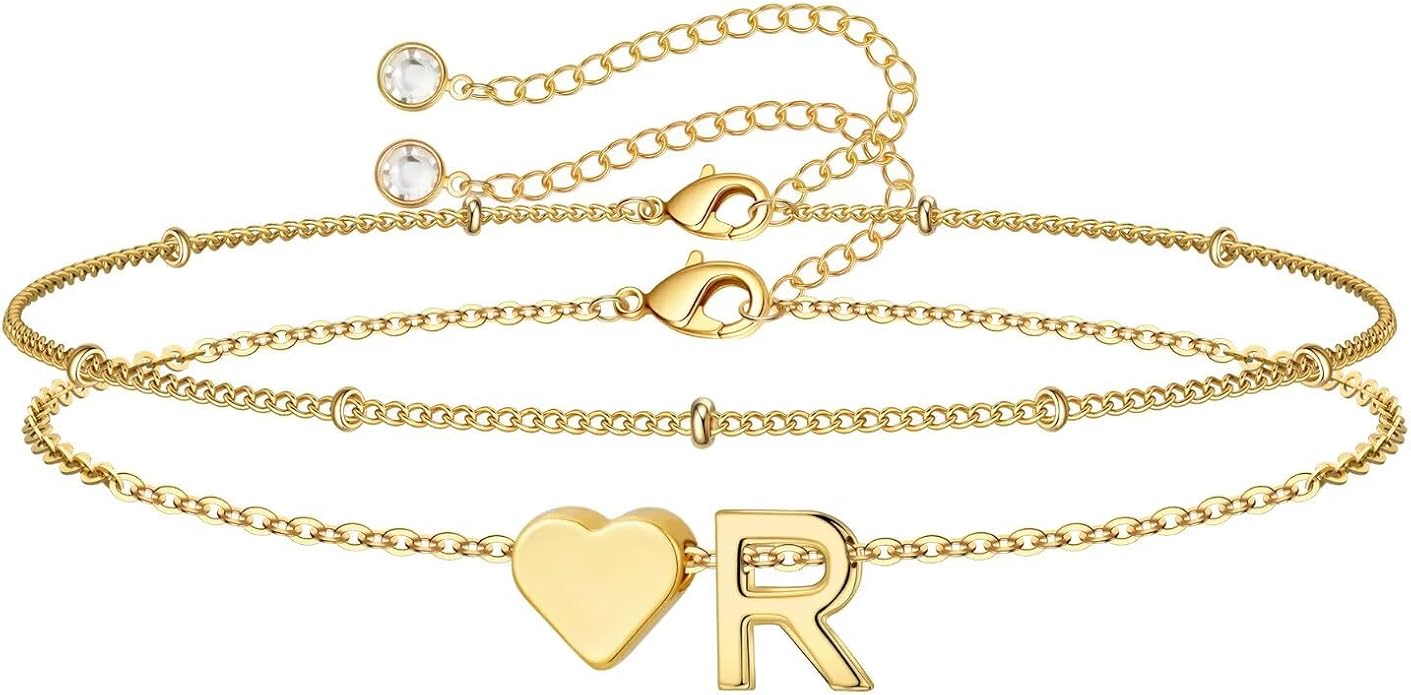 M MOOHAM Mothers Day Gifts for Kids Teens Girls - 14K-Gold-Plated Heart Initial A-Z Bracelets for Women Girl Dainty Gold Bracelets Birthday Mothers Day Gifts for Mom Grandma Teenage Girls Kids Teens