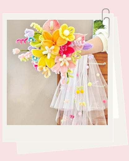 500 Pcs Dopamine Colors Pipe Cleaners Flower kit,Chenille Stems for DIY Art Projects Creative Gift,Pipe Cleaners Craft with tutoria,Pearls,Pompoms,Green Floral Wires,Gardening Tape,Stamen