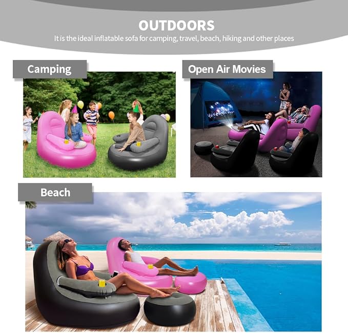Set of 2 Inflatable Armrest Lounge Chair with Ottoman,Hand Pump,Eye Mask,Earplugs-Portable Blow Up Sofa,Air Chaise Lounge,Ideal Loveseat Set for Family Movie Night,Couple,Gaming,Party,Camping,Garden