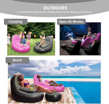 Set of 2 Inflatable Armrest Lounge Chair with Ottoman,Hand Pump,Eye Mask,Earplugs-Portable Blow Up Sofa,Air Chaise Lounge,Ideal Loveseat Set for Family Movie Night,Couple,Gaming,Party,Camping,Garden