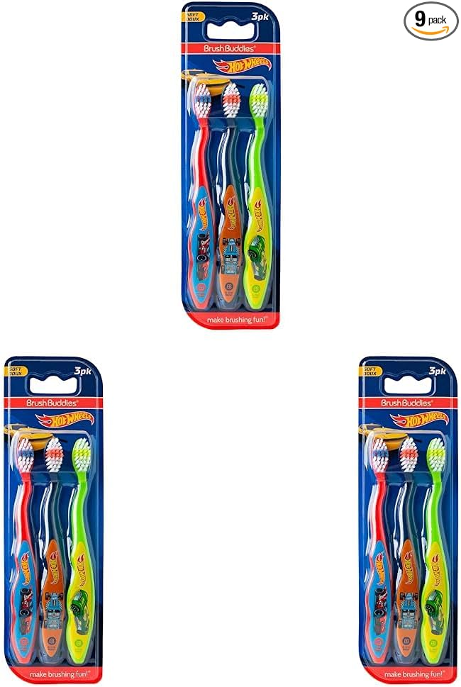 Brush Buddies Hot Wheels Manual Soft Bristled Toothbrush for Kids, Multi-Colored & Fun Toddler Toothbrushes, Anti-Slip Grip Handle, Children's Toothbrush, Kids Travel Toothbrush, 9 Pack