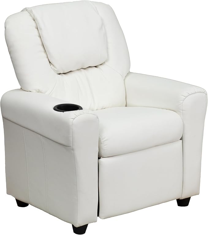 Flash Furniture Vana Vinyl Kids Recliner with Cup Holder, Headrest, and Safety Recline, Contemporary Reclining Chair for Kids, Supports up to 90 lbs., White