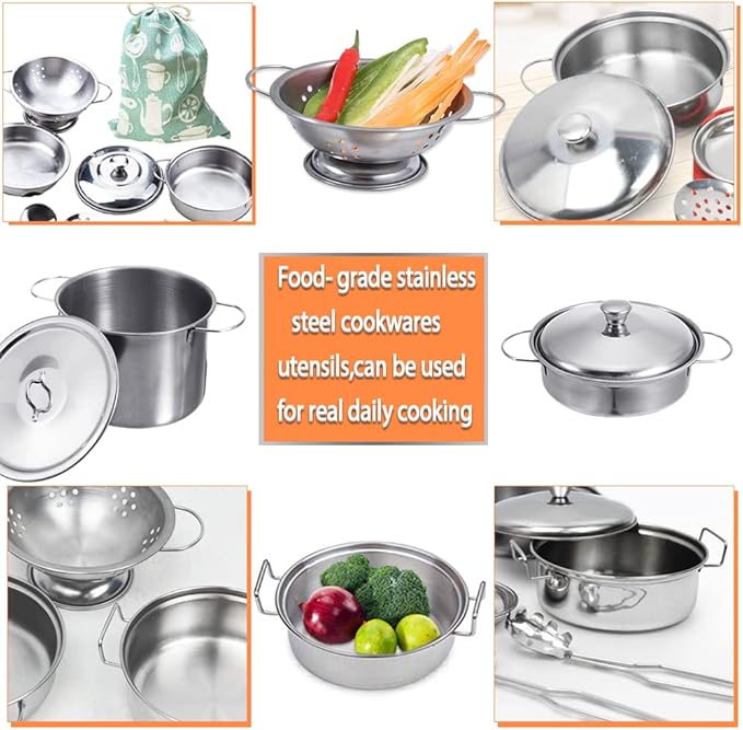 Cookware Pots and Pans Play Set with Cooking Mini Stainless-Steel Kitchen Cooking Utensils Toys,Pretend Toys for Kids, Educational＆Development Toy Kitchen Playset Accessories for Kids Ages 3+