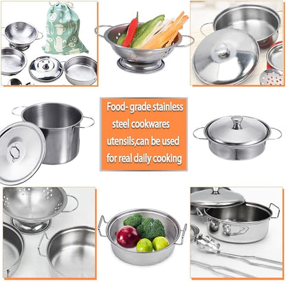 Cookware Pots and Pans Play Set with Cooking Mini Stainless-Steel Kitchen Cooking Utensils Toys,Pretend Toys for Kids, Educational＆Development Toy Kitchen Playset Accessories for Kids Ages 3+