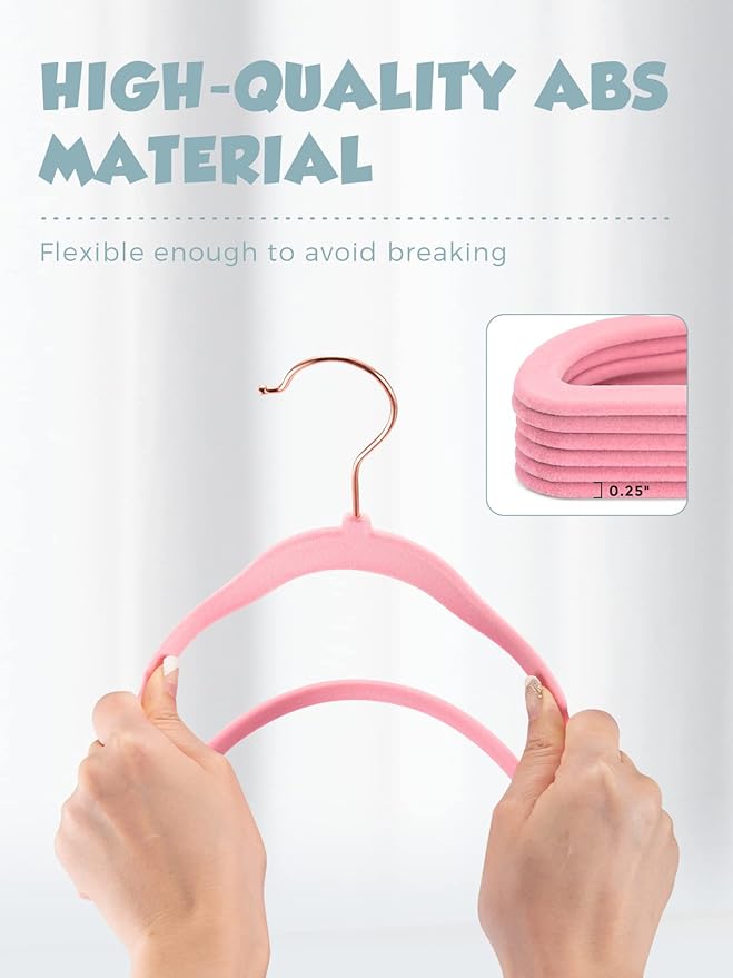 Smartor Kids Velvet Hangers 50 Pack, 14'' Inch Premium Non Slip Kids Felt Hangers for Closet, Space Saving Toddler Clothes Hanger for Youth's Childrens' Clothes (Rose Gold Hook)- Pink