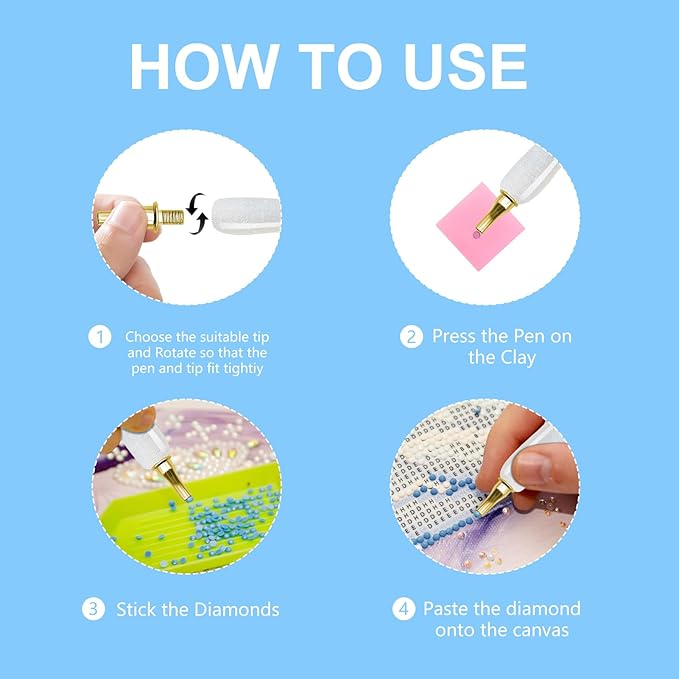 22PCS DIY Diamond Art Pen Painting Tool Set - Metal Threaded Tip Accessories Gem Resin Dotting Pen Supplies Kit (White Pen + 12 Tips + 9 Dotting Clay)