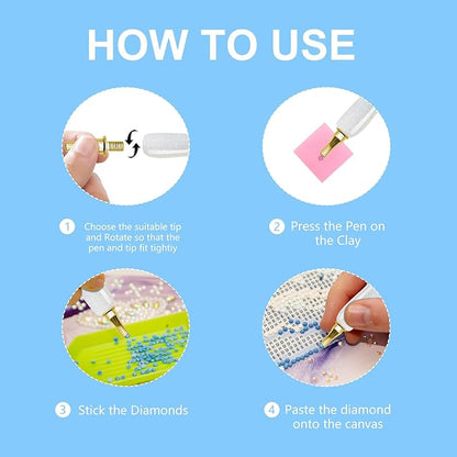 22PCS DIY Diamond Art Pen Painting Tool Set - Metal Threaded Tip Accessories Gem Resin Dotting Pen Supplies Kit (White Pen + 12 Tips + 9 Dotting Clay)