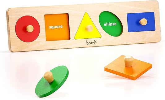 Boby Montessori Colorful Geometric Shapes Puzzle Board for Toddlers 1-3 Years | Wooden Knob Peg Baby Puzzles for 12-24 Months Early Learning Educational Toy