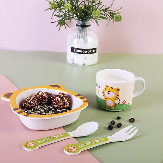 Bamboo Kids Dinnerware Set 5 Pcs Includes Plate Bowl Cup Fork Spoon Perfect for Kids BPA-Free (Tiger)