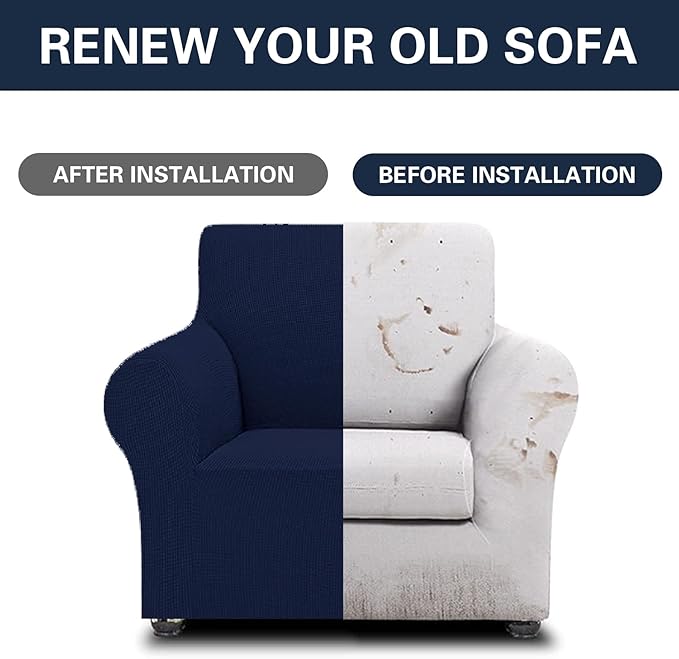 2025 New Stretch Chair Sofa Slipcovers Couch Cover for 1 Seater Furniture Protector Sofa Covers with Elastic Bottom Jacquard Fabric Small Checks for Pets, Kids - Navy