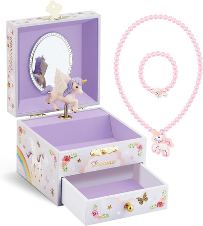 RR ROUND RICH DESIGN Kids Musical Jewelry Box for Girls with Drawer and Jewelry Set with Brave Unicorn - Beautiful Dream Tune Purple