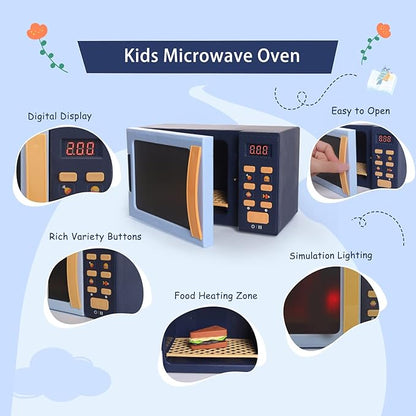 Kids Microwave Toy with Light and Sound, Realistic Toy Kitchen Appliances, Play Kitchen Accessories and Play Food for Toddlers 3 Year Old Up Girls Boys, Blue